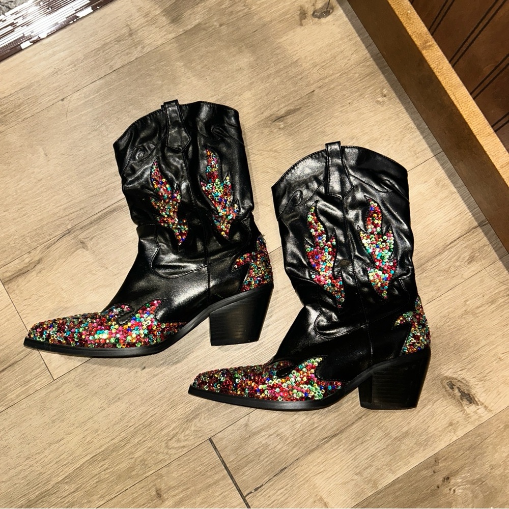 Black Sequin Embellished Women's Boots